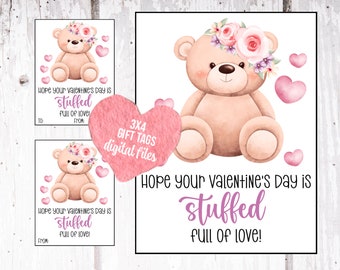 Teddy Bear Valentine's Day Gift Tag Printable, Stuffed Animal Valentine's Day Gift Digital, Teddy Bear Printables, Valentine's Day Tags