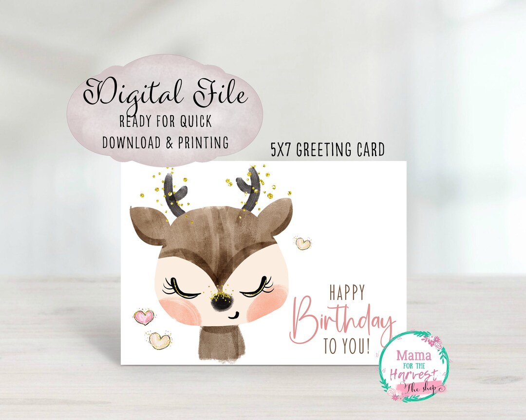 Deer Birthday Card Printable, Forest 1st Birthday Card for Girls, Deer ...