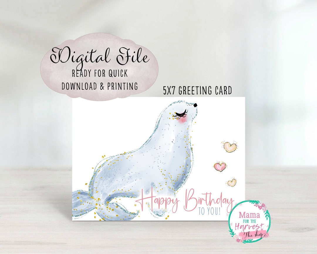 Seal Birthday Card Printable, Arctic Animal 1st Birthday Card for Girls