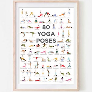May include: A white poster with a black frame, featuring 80 different yoga poses illustrated with colorful stick figures. The title of the poster is "80 Yoga Poses".
