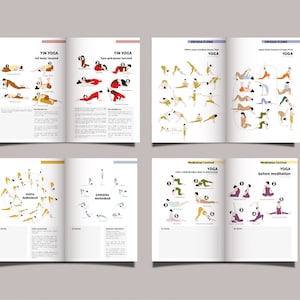 May include: Open book with yoga poses. The pages display illustrations of various yoga positions, including Yin Yoga, Vinyasa Flows, and poses for meditation. The illustrations are accompanied by text and diagrams.