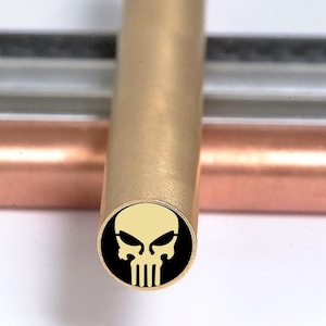Punisher Mosaic Knife Pin: Handmade Brass & Steel Handle Detail