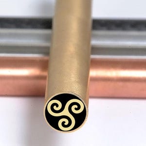 Triskelion Mosaic Knife Pin: Handmade Brass & Steel Handle Detail
