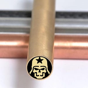 Handmade SOLDIER SKULL Mosaic Knife Pin: Brass, Fiber & Steel