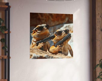 May include: Two bearded dragons wearing sunglasses and holding toy guns. The dragons are sitting on a sandy surface.