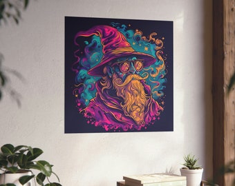 Póster de mago vintage psicodélico // Arte mural de mago // Póster de mago morado con barba naranja // Arte mural de mago con bigote de manillar