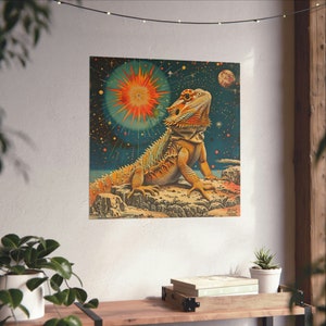 Poster retrò vintage con drago barbuto cosmico //Amanti degli animali domestici con drago barbuto // Arte murale con lucertola spaziale // Arte murale con animali del deserto // Lucertola retrò