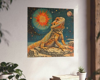 Póster vintage retro de dragón barbudo cósmico // Amantes de los dragones barbudos // Arte de pared de lagarto espacial // Arte de pared de animales del desierto // Lagarto retro