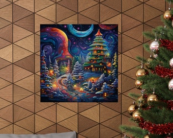 Reino navideño // Paisaje navideño // Pueblo navideño // Póster navideño // Póster de temporada nevada // Arte mural // Arte mural moderno