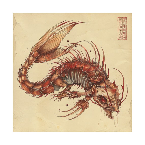 古代中国のサソリの化石ポスター // ヴィンテージアンティーク魚アート