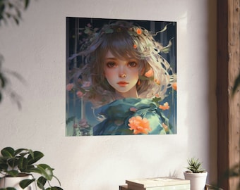 Elegance and Bliss Windblown Girl // Shy Anime Girl Poster // Cute Anime Girl Decor // Japanese Modern Art // Anime Lover Poster //