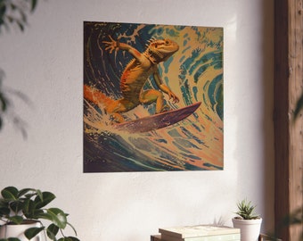 Dragón barbudo retro surfeando una ola // Póster para amantes de los dragones barbudos // Decoración para amantes de los lagartos reptiles // Gecko surfeando una ola // Lagarto abstracto