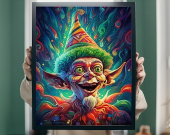 Arte de pared de elfos psicodélicos // Locura de la noche antes de Navidad // Decoración navideña divertida // Póster vertical navideño mate // Arte de elfos vibrantes