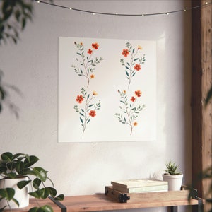 Pode incluir: Uma impressão digital com quatro ilustrações de aquarela de flores laranja e amarelas com caules e folhas verdes sobre um fundo branco.