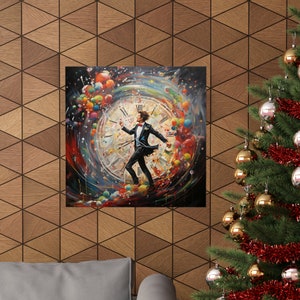 May include: A colorful abstract painting of a man in a tuxedo standing on a clock face surrounded by colorful balloons. The clock face is surrounded by a swirling, abstract background.