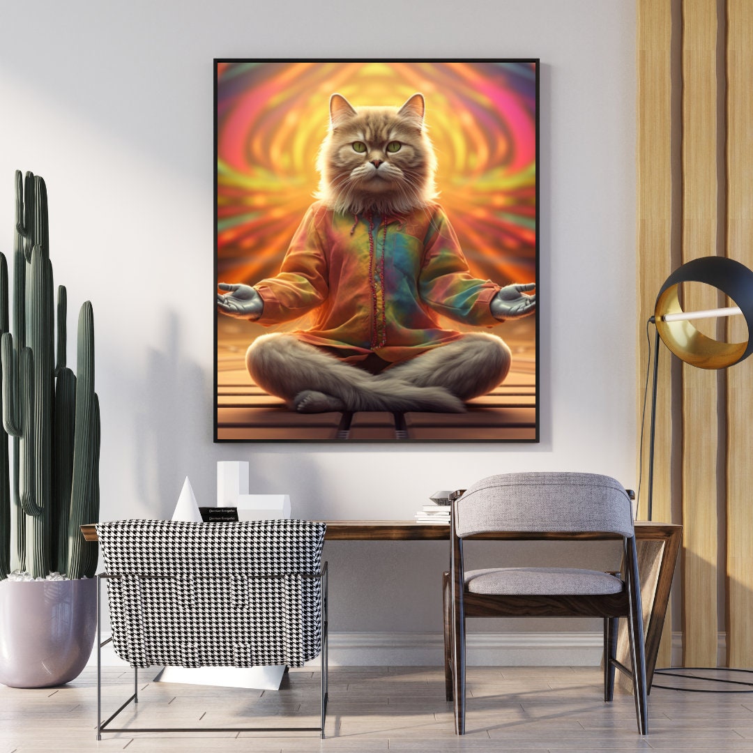 Sensei Kitty // Yoga Zen Kitty Wall Art // Psychedelic Cat Doing