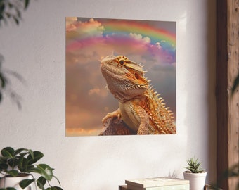 Póster de dragón barbudo bajo el arcoíris // Hermoso arte mural de dragón barbudo // Póster de mascotas poco comunes // Arte mural humorístico sobre reptiles