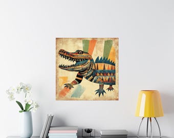 Impresión artística abstracta de cocodrilo colorido // Decoración de pared de caimán bohemio // Decoración única para el hogar // Decoración para habitación infantil // Póster de estilo vintage