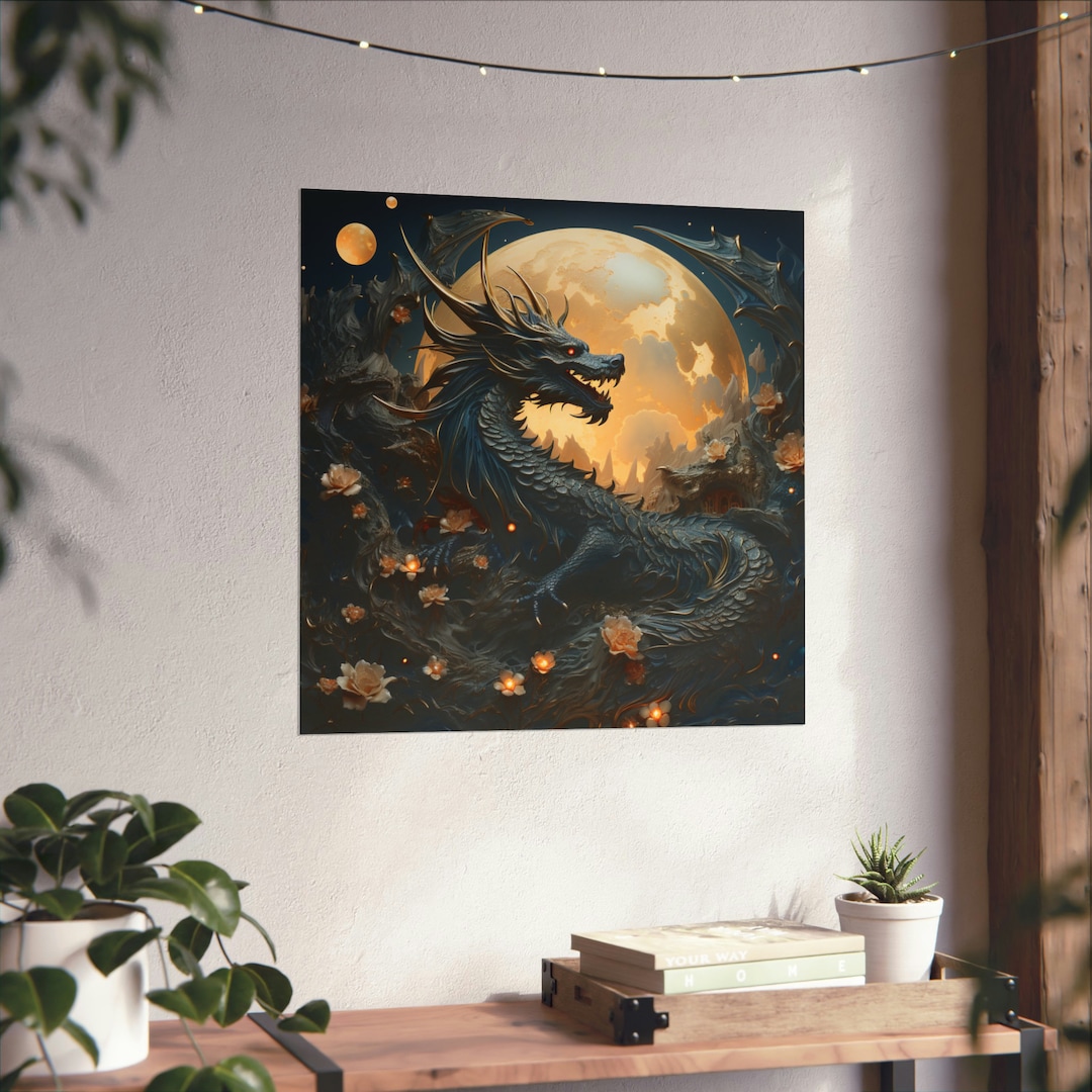 Moonlit Dragon Poster // Flower Dragon Poster // Dragon Wall Art ...
