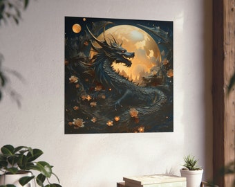 Moonlit Dragon Poster // Flower Dragon Poster // Dragon Wall Art // Moon Light Art // Black Dragon Art // Fantasy Lovers Poster //