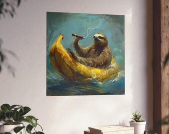 Póster de perezoso posimpresionista fumando un cigarro en un bote banana // Póster de amantes de los perezosos // Arte humorístico sobre perezosos // Póster de animales fumando