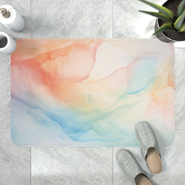 Colorful Watercolor Cloudlike Memory Foam Bath Mat // Comfortable Bath Mat // Pink, Blue, and Orange Chairs // Whimsical Bath Mat