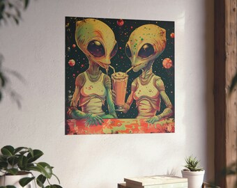 Aliens Drinking Cosmic Milk Shake Poster // Vintage Retro Alien Lovers Poster // Space Alien Wall Art // Alien Date Night Poster
