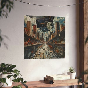 Futuristic City Wall Art // Tripple Level City Poster // Moon in the Sky Poster // Planets in the Sky Poster // Busy Life in the City Poster