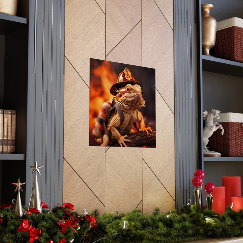 Firefighter Bearded Dragon Poster // Bearded Dragon in Uniform Wall Art ...