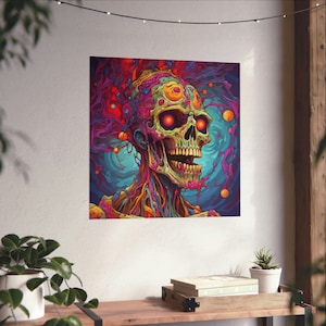 Rainbow Zombie Wall Art // Colorful Zombie Head Poster // Trippy Zombie Poster // Psychedelic Skeleton Wall Art // Zombie Lovers Art