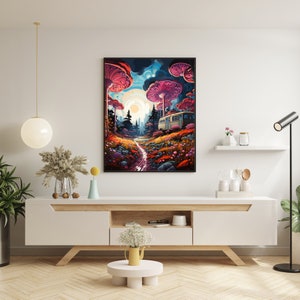 May include: A digital painting of a whimsical forest scene with a camper van parked in the middle of a path. The forest is filled with large, pink mushrooms and colorful flowers. The sky is a vibrant blue with white clouds.