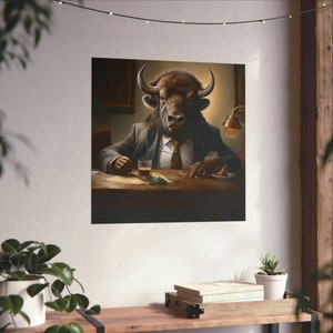 Bizondiner op kantoor // Bizon in pak // Bizonposter // Poster feestbeesten // Poster hyperrealisme // Matte poster // Moderne kunst