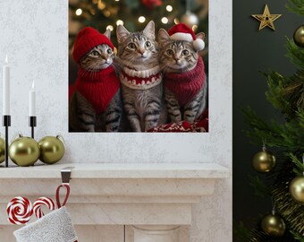 Póster de gatitos navideños // Arte de pared de gatos navideños // Impresión de gatito familiar mate // Decoración de gatito alegre y linda // Póster alegre de gatitos navideños