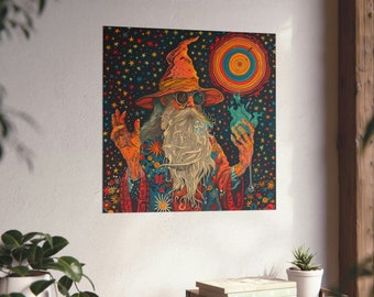 Póster Escrito en las estrellas // Arte de pared psicodélico de mago vintage // Póster de mago arrugado // Arte de pared de mago hippie // Naranja y azul