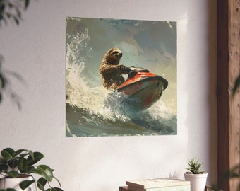 Sloth Driving A Jet Ski Poster // Sloth Lovers Wall Art // Giant Fat Sloth Poster // Funny Sloth Poster // Sloth Humor Art//Wild Sloth