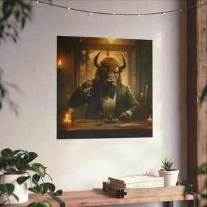Saludos traídos a ustedes por Bryson el Bisonte // Bisonte en un traje // Póster de animales de fiesta // Arte moderno de bisontes // Decoración de bisontes // Bisontes bebiendo