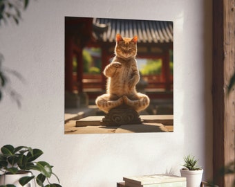 Maestro de la meditación // Arte de pared de gato naranja zen raro // Decoración de pared de gato gatito Airbender // Pósteres verticales mate de gatito Master Balance
