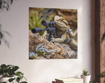 Póster de francotirador con dragón barbudo // Arte mural divertido con dragón barbudo // Póster de dragón barbudo de exhibición de armas // Arte mural humorístico con reptiles // Humor con reptiles