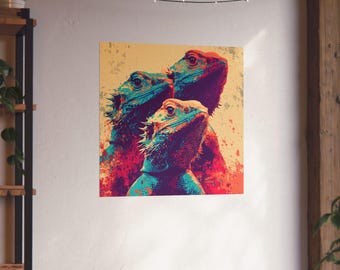 Arte de pared de dragón barbudo rojo, blanco y azul // Decoración de pared moderna // Póster para amantes de los reptiles // Dios bendiga a América // Galería de pared ecléctica para el hogar