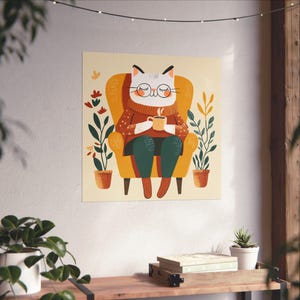 Schattige kattentherapeut cartoon post, grappig dierenkunstwerk, wanddecoratie, cadeau voor kattenliefhebbers, thuiskantoor decor, decor therapeut