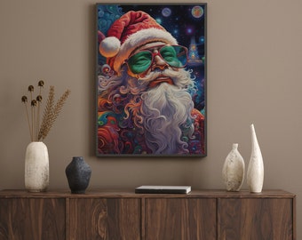 Papá Noel hippie // Vacaciones psicodélicas // Póster navideño vibrante // Arte de festivales // Amantes del arte hippie // Decoración rave // Papá Noel psicodélico // Póster de nieve
