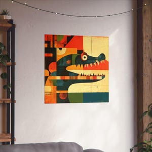 Impresión de cocodrilo retro vintage // Caimán abstracto colorido // Póster de cocodrilo // Arte mural retro moderno // Póster de caimán con forma abstracta