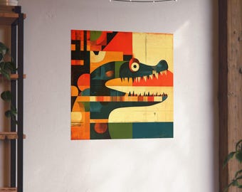 Impresión de cocodrilo retro vintage // Caimán abstracto colorido // Póster de cocodrilo // Arte mural retro moderno // Póster de caimán con forma abstracta