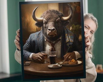 Pit Boss Bison // Bison in a Suit // Party Animals Poster // Modern Bison Art // Bison Drinking // Bison Decor // Bison Poster // Classy Art
