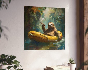 Póster de perezoso fumando un cigarro en una balsa amarilla // Arte mural para amantes de los perezosos // Póster de perezoso gigante gordo // Póster de perezoso divertido // Arte mural humorístico sobre perezosos