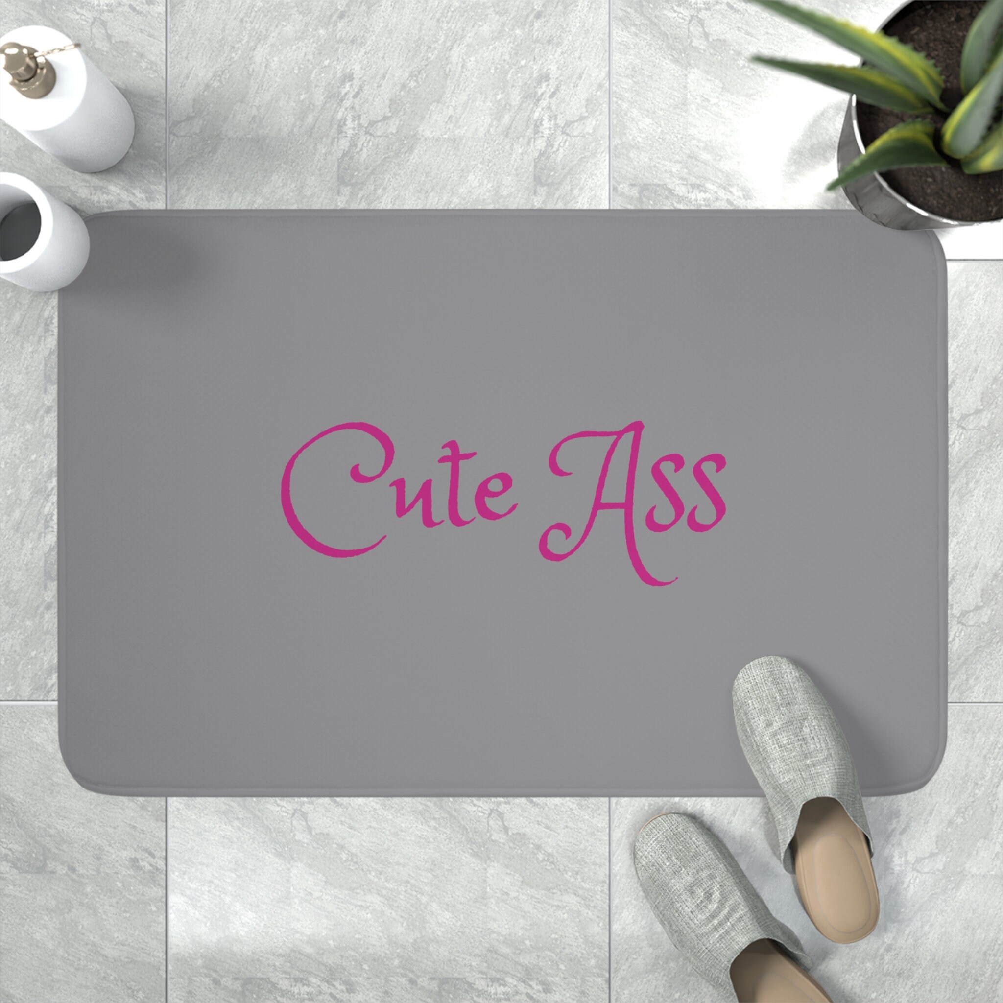 Cute Ass // Memory Foam // Cute Bath Mat for Apartment // Grey and Pink