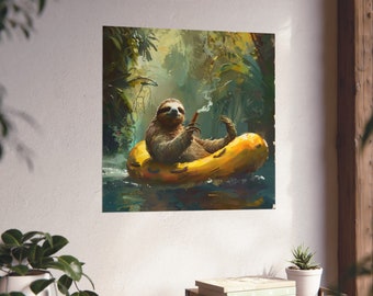 Perezoso montando una balsa amarilla fumando un porro // Póster de amantes de los perezosos // Arte humorístico sobre perezosos // Póster de animales fumando // Amantes de los barcos banana