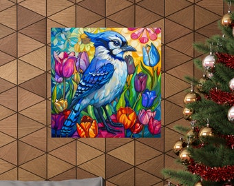Póster de pájaro arrendajo azul en mosaico // Arte mural colorido de arrendajo azul // Póster de perfil de arrendajo azul // Póster de flores coloridas // Póster de tulipanes de primavera
