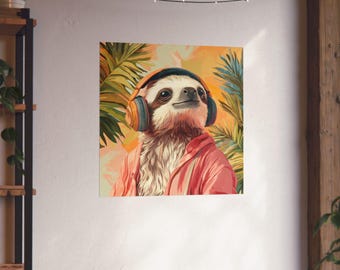 Perezoso en un paraíso de palmeras con auriculares, impresión artística mate para pared, póster tropical, decoración natural, decoración de dormitorio, arte para amantes de los perezosos