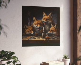 Zorros bebiendo // Póster de humor animal // Póster de zorros bebiendo // Humor de zorros lindos // Decoración de cueva de hombres // Decoración de habitación de chicos // Póster universitario //